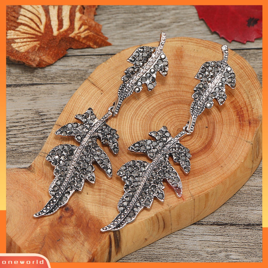 [WOD] 1pasang Wanita Drop Anting Bentuk Daun Berlian Imitasi Perhiasan Vintage Berlebihan Menjuntai Anting Hadiah Ulang Tahun