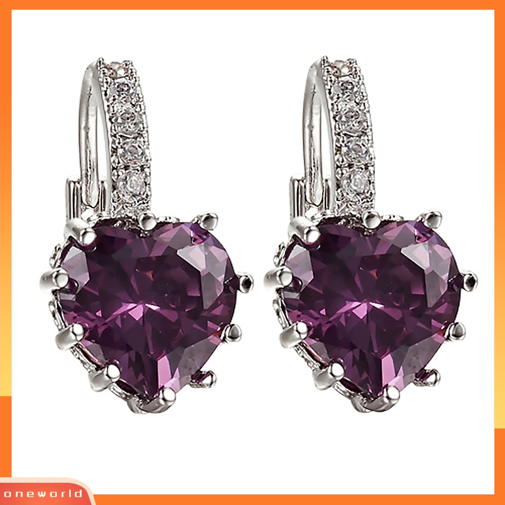 [WOD] Wanita Elegan Ungu Bentuk Hati Berlian Imitasi Berlapis Emas Leverback Hoop Earrings