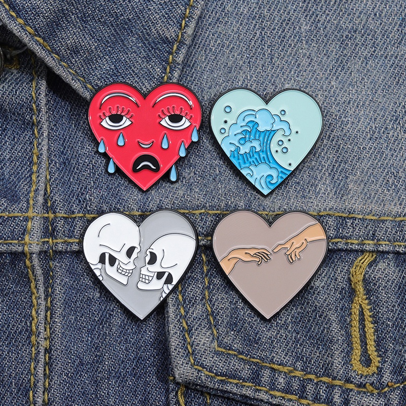 Seni Kreatif Bentuk Hati Enamel Pin Kerangka Tangan Paduan Bros Kerah Lencana Punk Perhiasan Ransel Dekorasi Hadiah