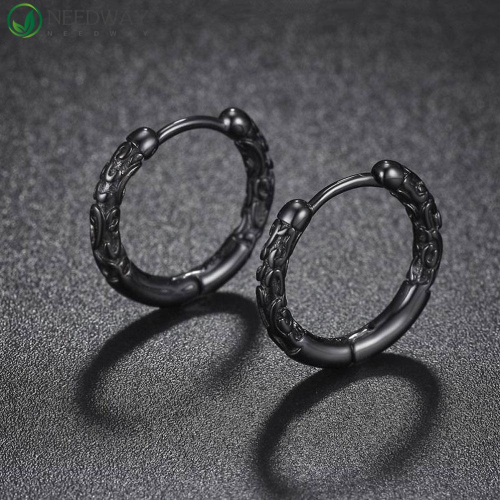 Needway Ear Hoop Kreatif Unisex Lingkaran Ukir Wanita Pria Klip Telinga Bulat