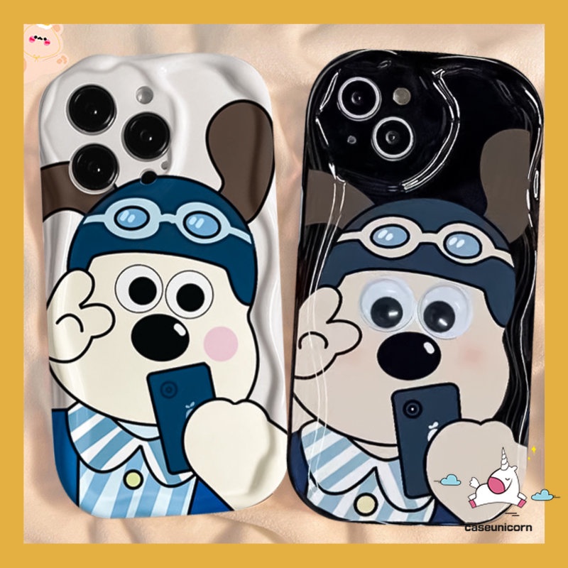 Pasangan Case Ponsel Kartun Kompatibel Untuk iPhone 7Plus XR X13 11 12 14 Pro Max 6 7 8 6s Plus XS Max SE 2020lucu Selfie Gromit Dog 3D Wavy Curved Edge Shockproof Glossy Soft Cover