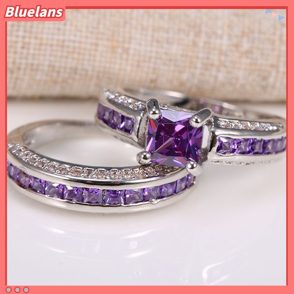 [BLS] 2pcs Perhiasan Putri Persegi Imitasi Amethyst Hias Berlian Imitasi Cincin Kawin Band