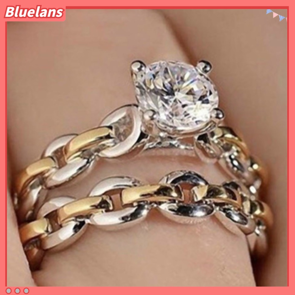 [BLS] 2pcs /Set Rantai Permukaan Halus Pernikahan Band Alloy Two-tone Berlian Imitasi Wanita Rings Charm Jewelry