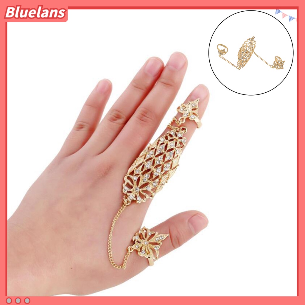 [BLS] Cincin Pembukaan Berlian Imitasi Tertanam Alloy Warna Emas Berlubang-out Leaf Dual Finger Chain Ring Untuk Pacaran