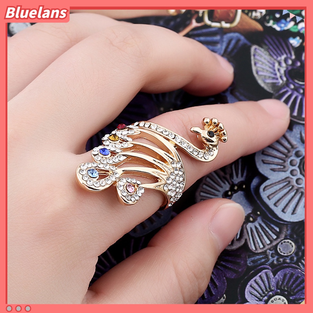[BLS] Knuckle Ring Shiny Rhinestone Peacock Charming Wanita Gadis Elegan Hewan Jari Cincin Perhiasan Aksesoris