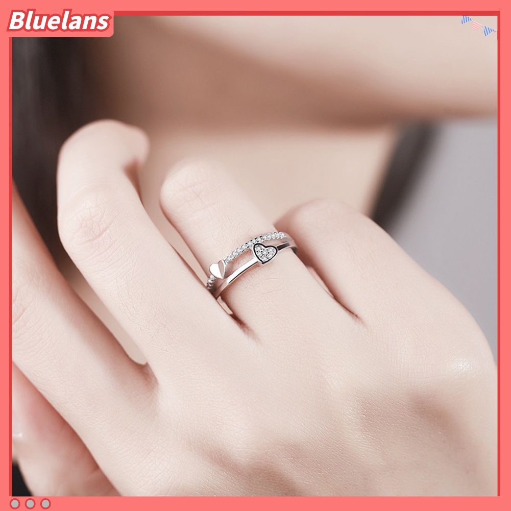 [BLS] Fashion Wanita Berlian Imitasi Hias Hati Ganda Cincin Berakhir Terbuka Perhiasan Hadiah