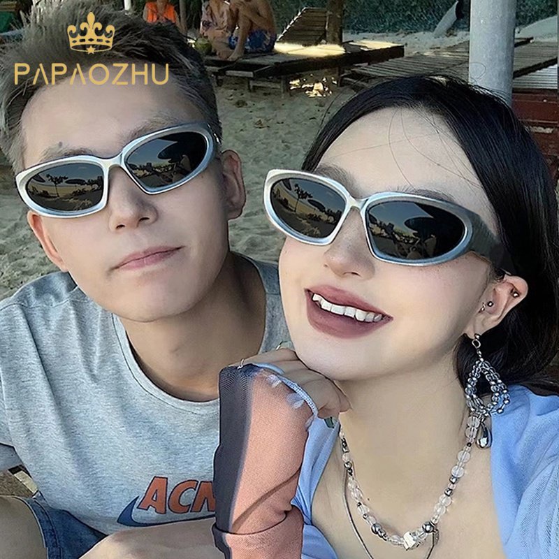 Papaozhu Punk UV400 Perlindungan Silver Cat Eye Frame Sunglasses Untuk Pria Wanita Keren Mengemudi Nuansa Kepribadian Kacamata Olahraga Luar Ruangan