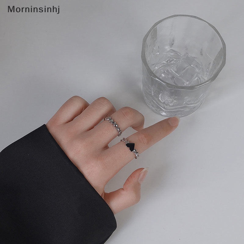 Mornin 2PCS Vintage Jantung Cincin Cinta Jari Rings Set Untuk Wanita Pasangan Kekasih Gadis Pesta Hadiah Tertekan Warna Hitam Hati Perhiasan id