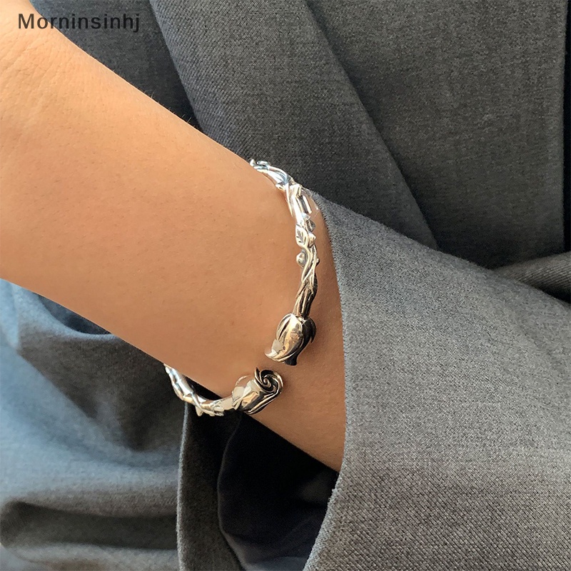 Mornin Warna Silver Bunga Mawar Keren Gelang Pembukaan Bangle Vintage Simple Kreatif Kepribadian Chic Perhiasan Pesta Untuk Wanitahadiah id