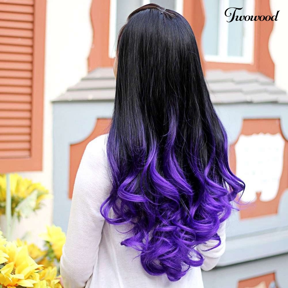 Twowood Wanita Gelombang Besar Panjang Keriting Bergelombang Warna Gradasi Ombre Tiga Per Empat Wig Rambut Penuh