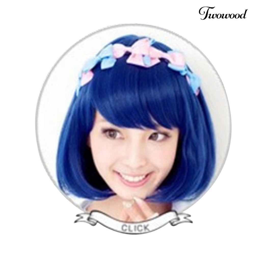 Twowood Kostum Anime Cosplay Lurus Pendek Keriting Rambut Wig Wanita Lovely Bob Sopak