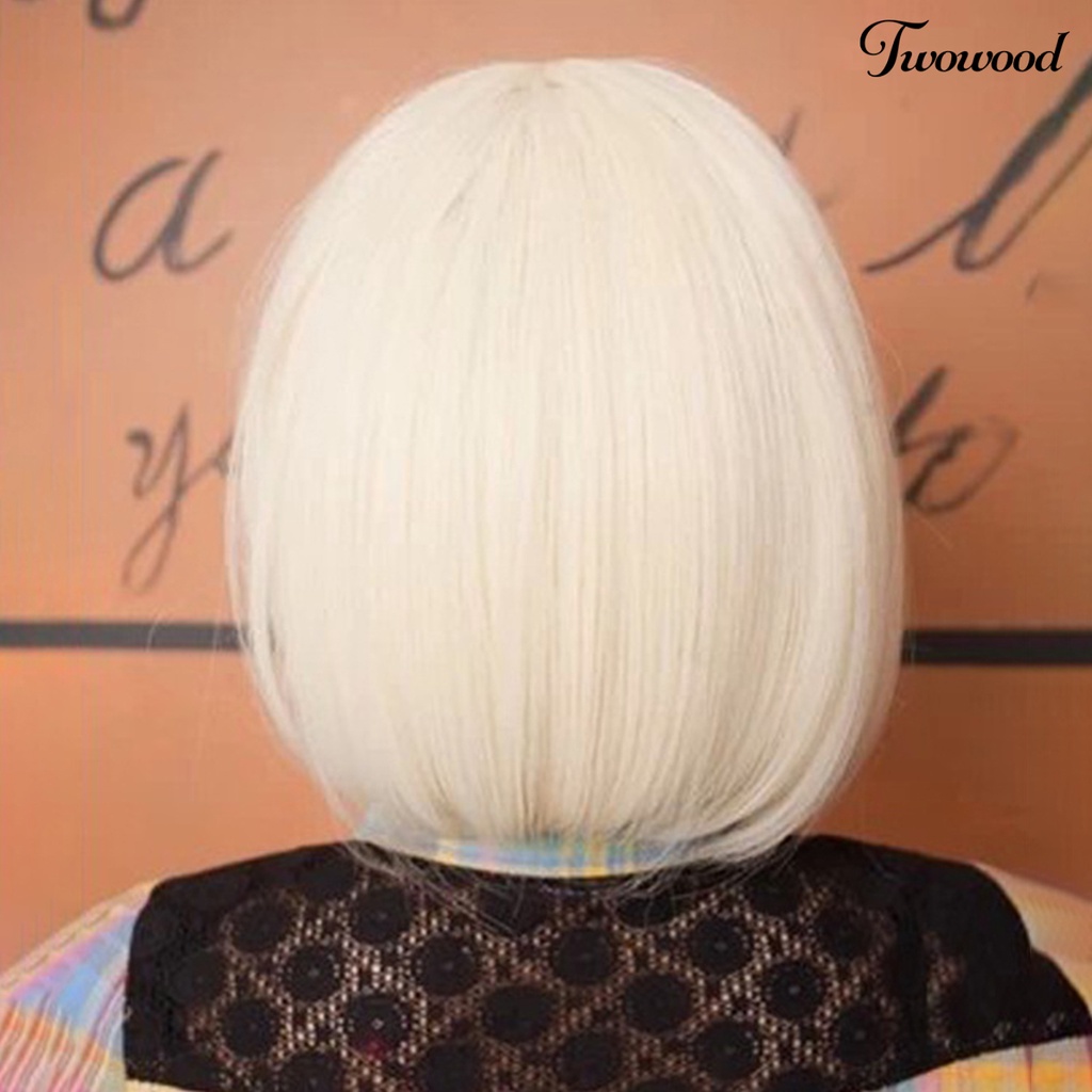 Twowood Lady Sopak Non-perm Berbulu Rapi Bang Penuh-cover Rambut Styling Krem Alami Bob Wig Pendek Lurus Wig Wanita Digunakan