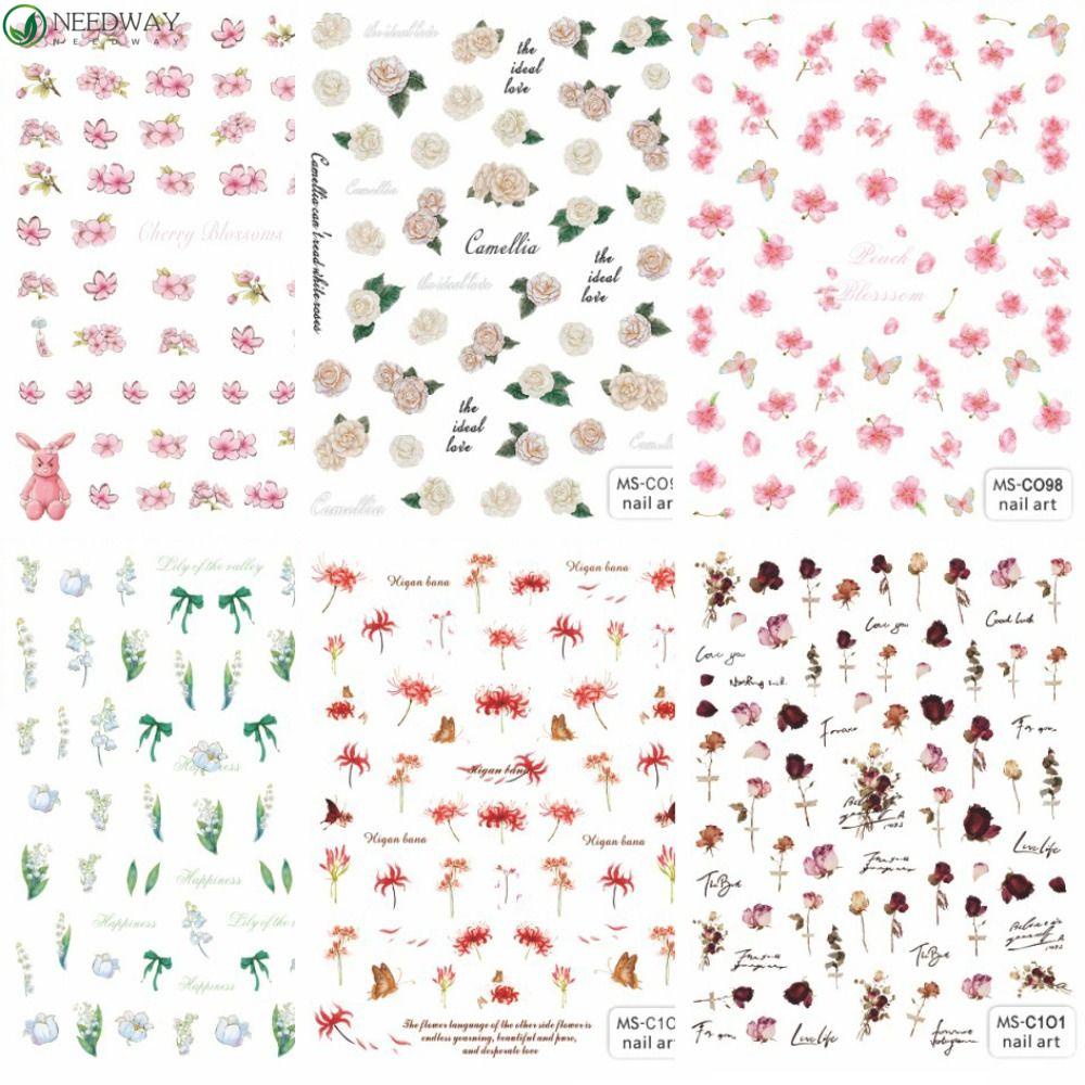 Needway Stiker Kuku Equinox Bunga Dengan Lem Punggung Peach Blossom Vintage Rose Sakura Nail Art Dekorasi