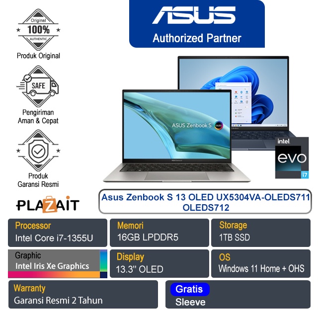 Asus Zenbook S 13 OLED UX5304VA-OLEDS711 OLEDS712/Intel Core i7-1355U EVO/16GB/1TB SSD/Intel Iris Xe