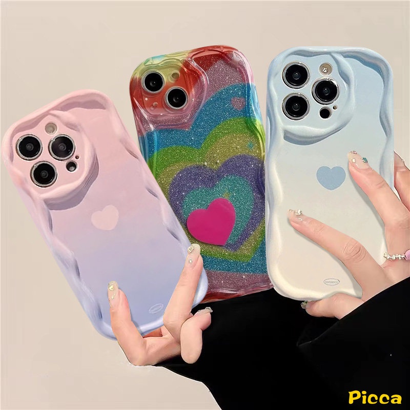 Casing Love Heart Warna Permen Macaron Pelangi Gradasi Kompatibel Untuk iPhone XR 11 Pro Max 7Plus 6s 8 6 7 Plus 14 13 12 Pro Max X XS Max SE 2020 3D Wavy Curved Edge Glossy Cover