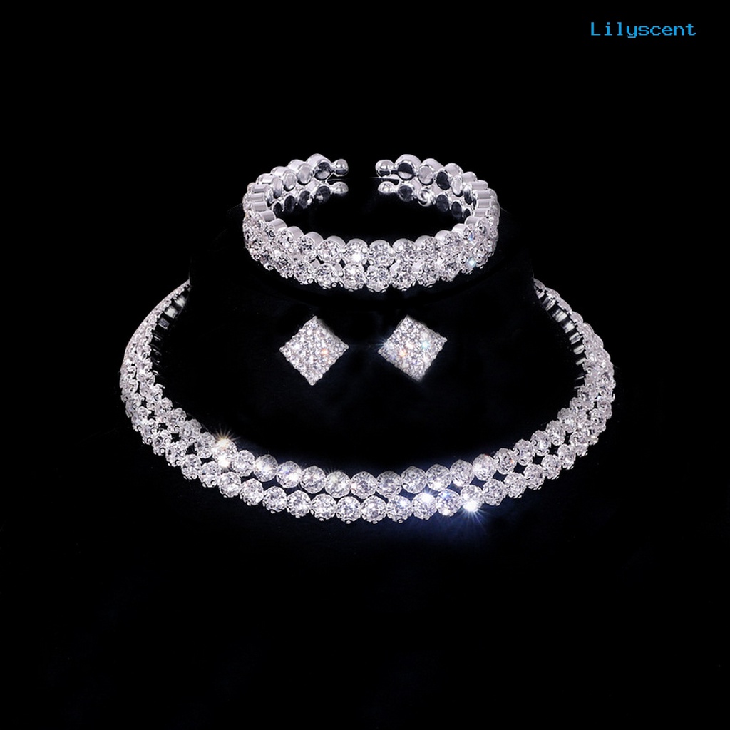 [LS]1 Set Perhiasan Berlian Imitasi Elegan Set Untuk Wanita Alloy Kristal Imitasi Choker Kalung Anting Gelang Ideal Untuk Pesta Pernikahan Pengantin