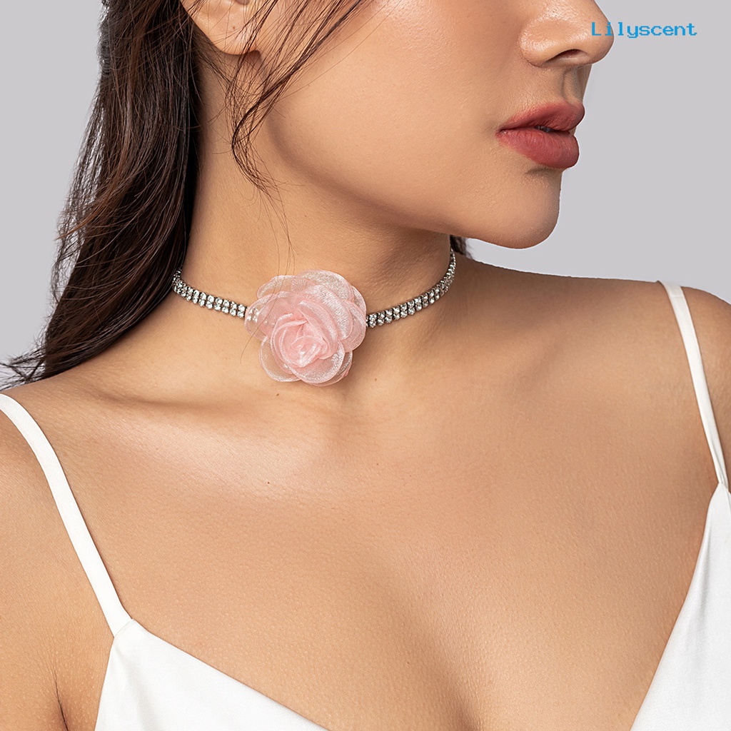 [LS]Wanita Choker Berlian Imitasi Rantai Shiny Extended Adjustable Elegan Hadiah Retro Handmade Bunga Mawar Perempuan Kerah Kalung Perlengkapan Pesta