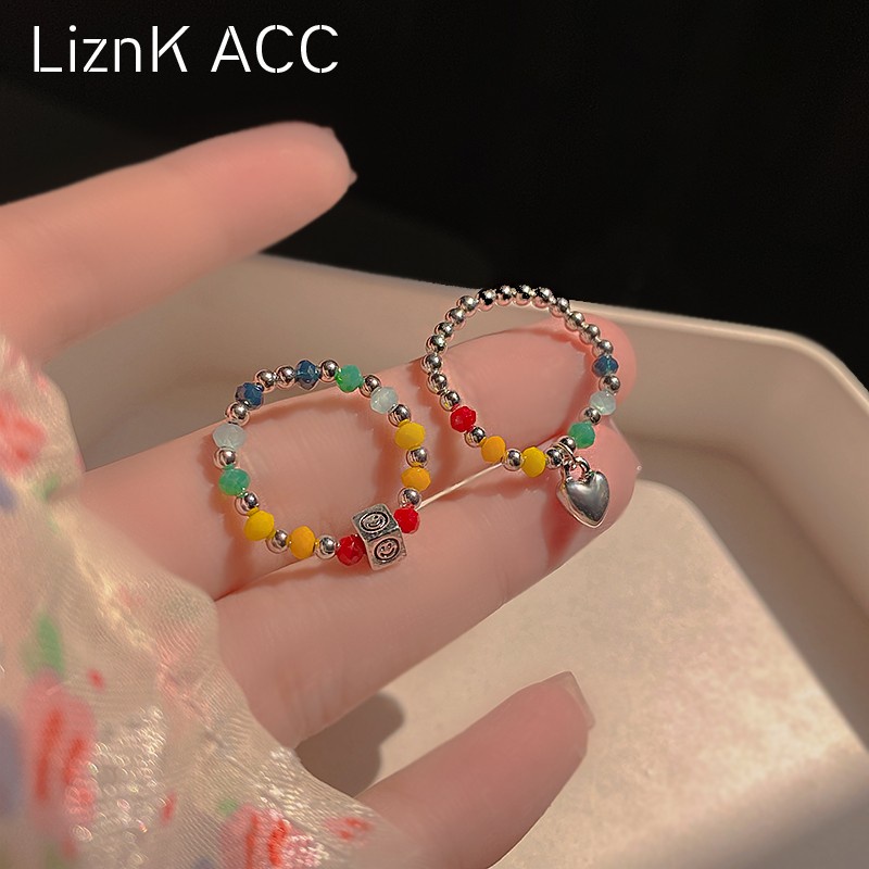 Cincin Perak Untuk Wanita Fashion Blok Hati Elastis Warna-Warni Beads Rings Untuk Aksesoris Sahabat Perhiasan