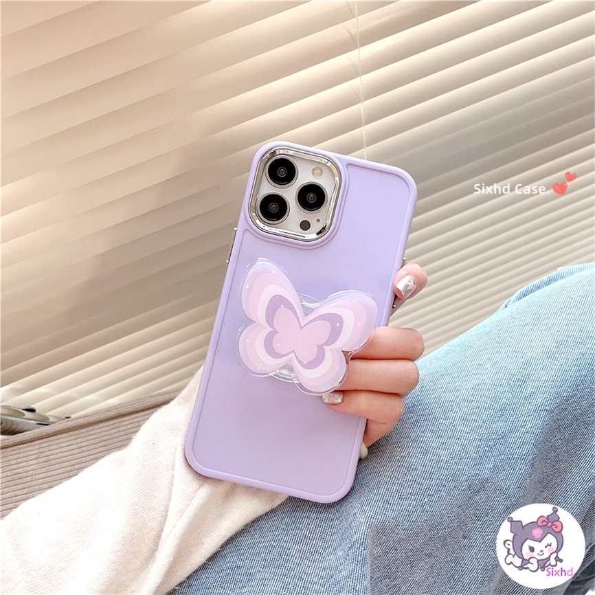 IPHONE Kompatibel Untuk Iphone11 14 13 12 Pro Max8 7Plus X Xs Xr Xs Max SE2020 Electroplated Lens Frame Protection Simple Purple Butterfly Fashion Phone Case+Braket Lembut Anti Jatuh Cover