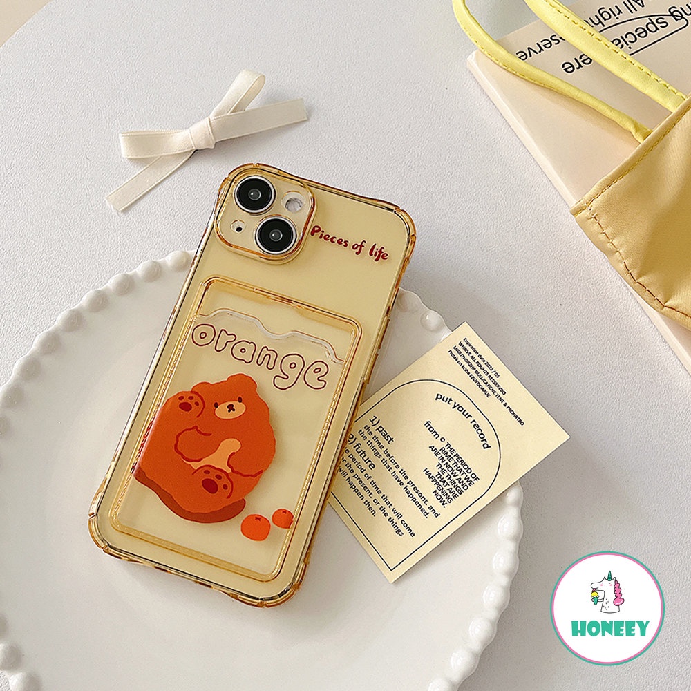 Casing Beruang Dompet Kartu Retro Kompatibel Untuk iPhone 14 Pro Max13 11 12 Pro Max XR X XS Max 7 8plus Orange Bening Shockproof Back Cover