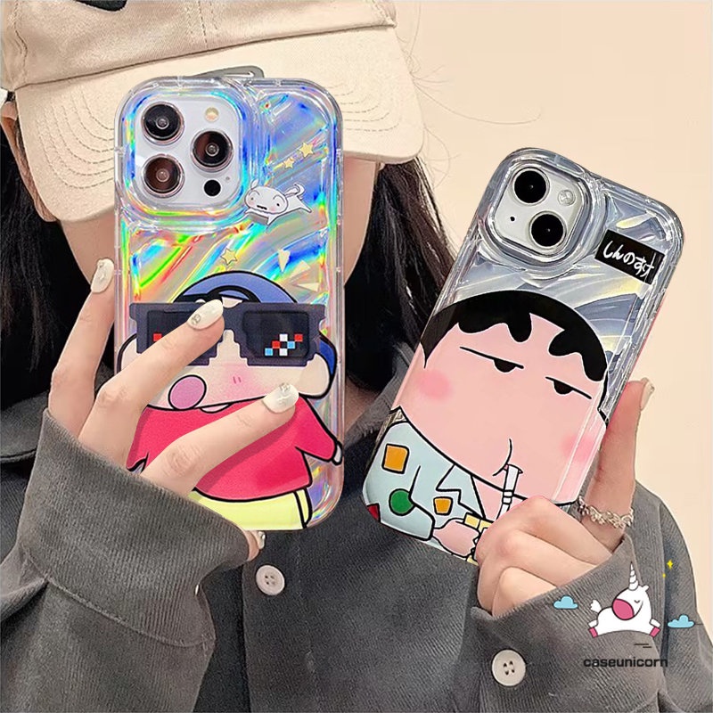 Memakai Kacamata Hitam Crayon Shin-Chan Kartun Hello Kitty Case Kompatibel Untuk IPhone 7Plus 11 13 14 12 Pro MAX 8 6 6S Plus X XR XS MAX SE 2020kartu Kreatif 3D Stereo Corrugation Case