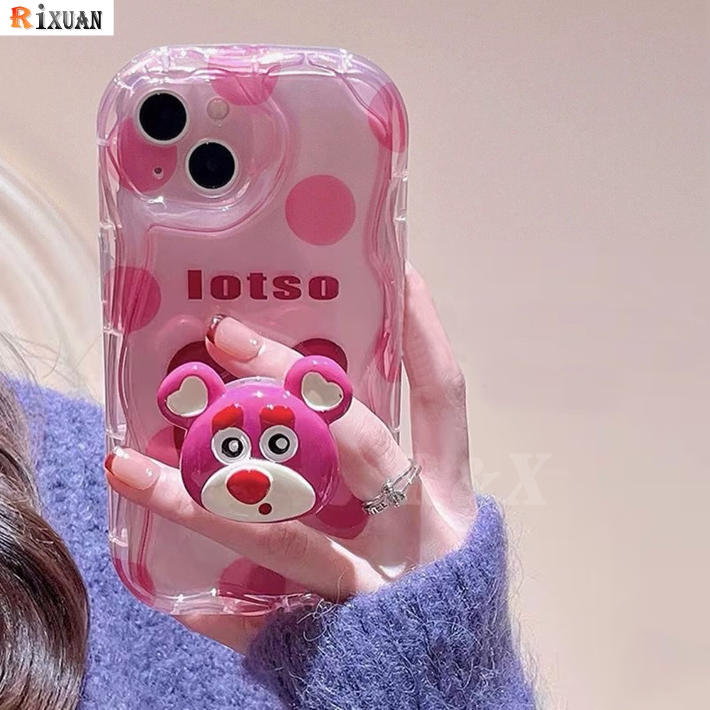 Cute Manyo Bracket Case OPPO A12 A5s A15 A17 A17k A57 A77S A16 A16K A78 A55 A95 A96 A74 A76 A54 A7 A53 A3s A31 A52 A92 F9 F11 Reno 8T 5F Wavy Edge Strawberry Bear Soft Cover RIXUAN