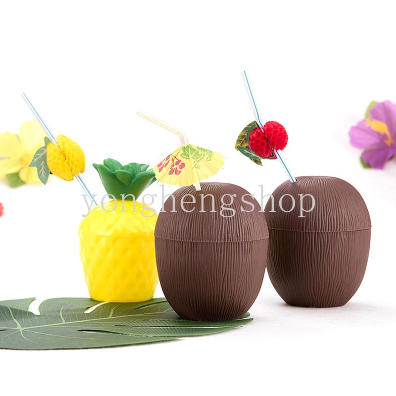 Kreatif Hawaii Pesta Nanas Kelapa Cangkir Minum Dengan Tutup Sedotan Tema Pantai Tropis Party Drinkware Drink Decor Water Juice Cups