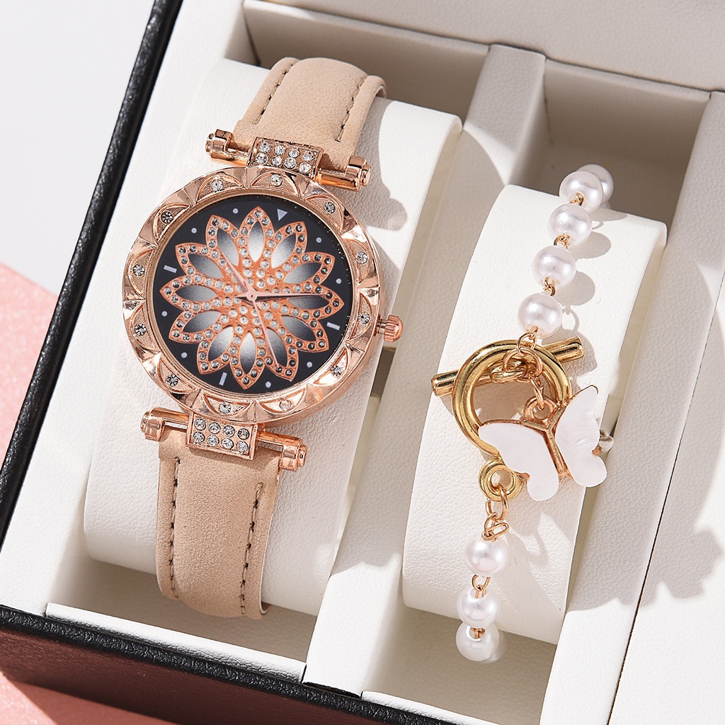 2PCS Wanita Set Kuarsa Jam Tangan Berlian Watch + Gelang Fashion Kasual Hadiah（No Box）