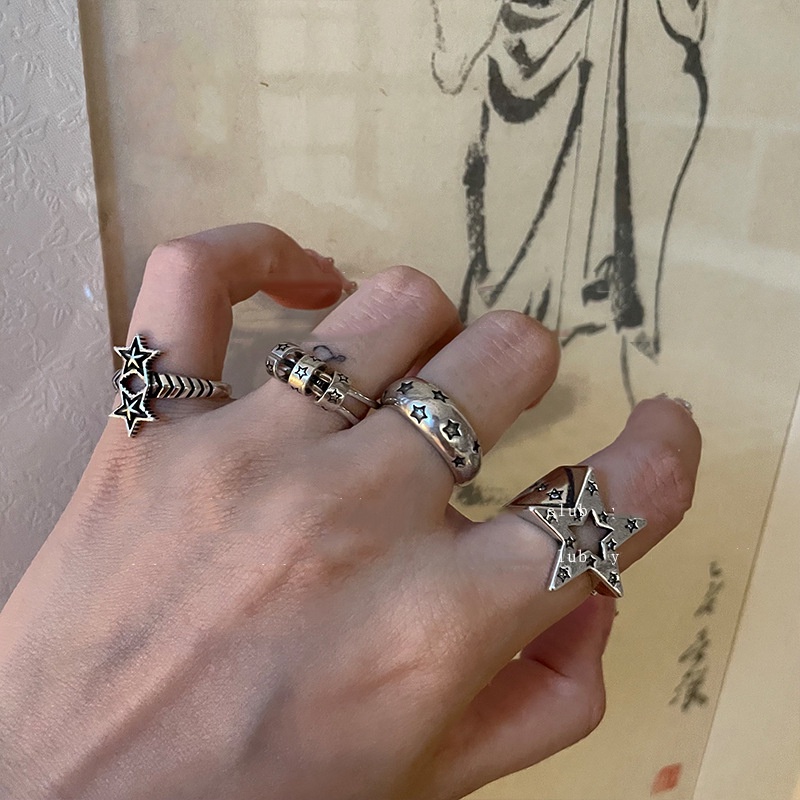 Fashion Bintang Hip Hop Gaya Adjustable Open Rings Untuk Wanita Dan Pria/Ladies Silver Metal Finger Ring/Daily &amp; Party Vintage Rings/Perhiasan Wanita Populer