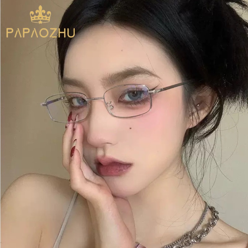 Papaozhu Gaya Perak Sempit Persegi Panjang Bingkai Kacamata Untuk Wanita Pria Keren Fashion Aesthetic Metal Kacamata Profesor Eyewear Outdoor OOTD Ornaments