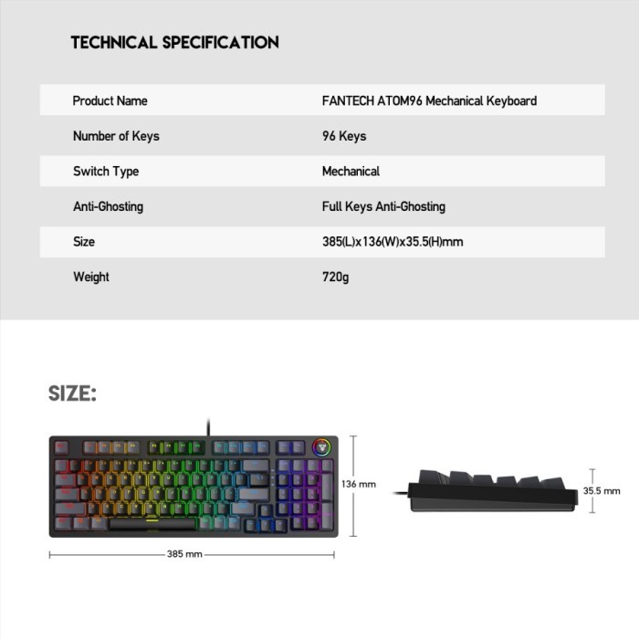 Keyboard Gaming Fantech ATOM96 MK890 Mechanical Full Size RGB