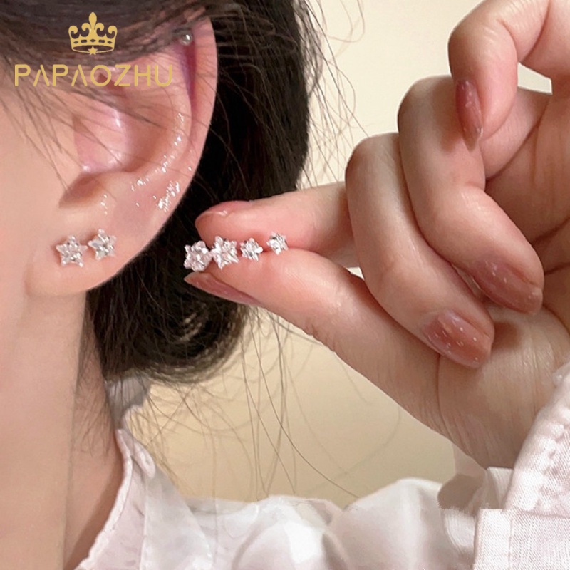 Papaozhu Halus s925 Perak Zirkon Berkilau Bintang Stud Anting-Anting Untuk Wanita Gadis Indah Kecil Geometris Anting-Anting Pick Gratis Pakaian Sehari-Hari Telinga Perhiasan Aksesoris