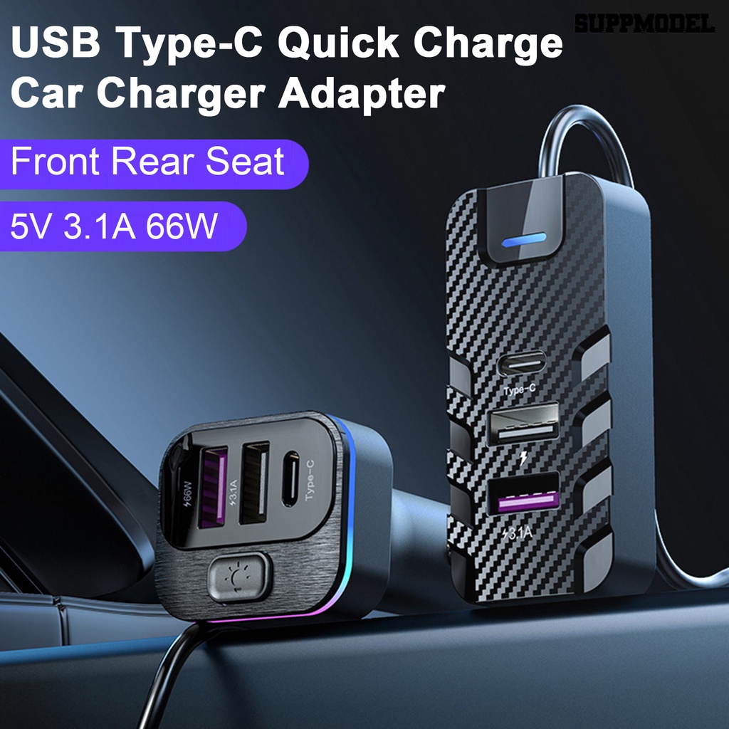 [SM] Car Charger 6port 5V 3.1A 66W Jok Depan Belakang Lampu Warna Warni Kabel Panjang 1.5m Universal USB Type-C Fast Charge Otomotif Charger Perlengkapan Kendaraan