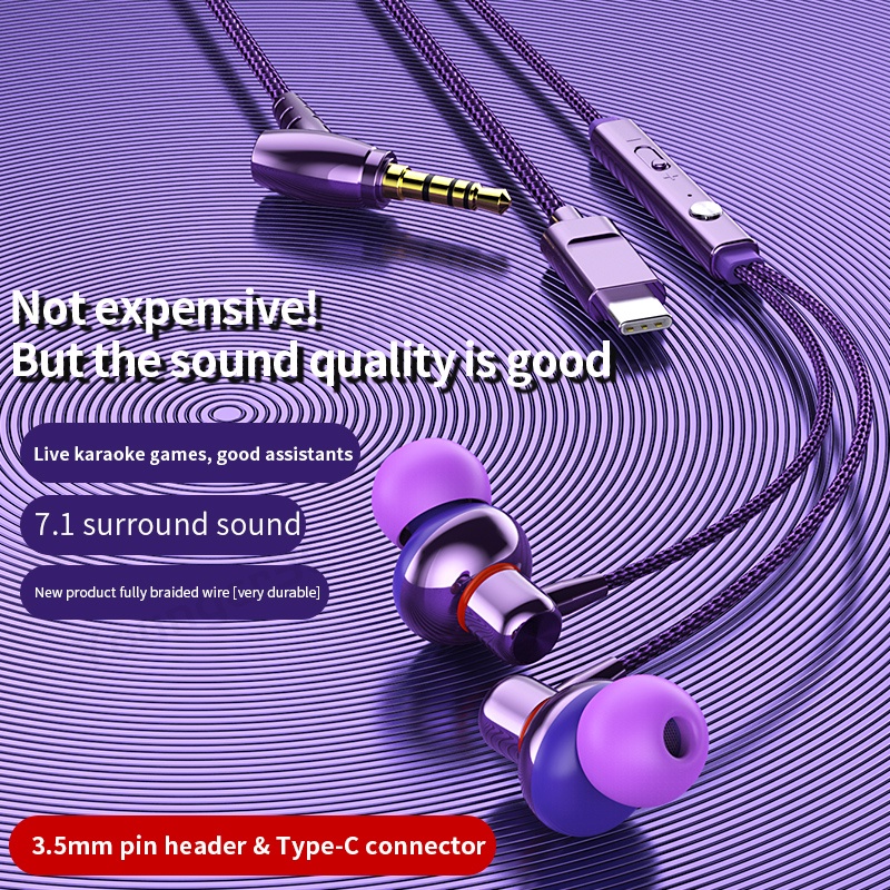 Metal 3.5mm Type-c Plug Wired Earphone Subwoofer In Ear Wired Headset Kontrol Volume Game Stereo Bass Earbuds