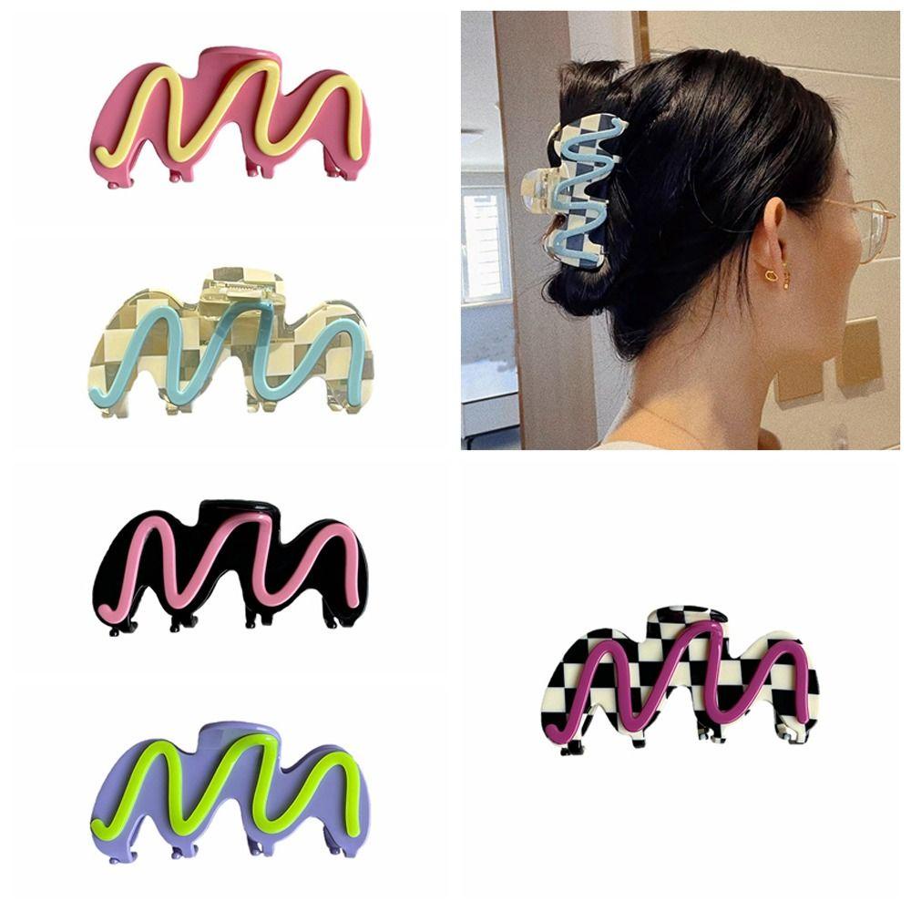 Needway Rambut Cakar Grid Kotak-Kotak Ins Ukuran Besar Bentuk Ular Garis Geometris Hiu Claw Clip Lattice Hair Pins Untuk Wanita