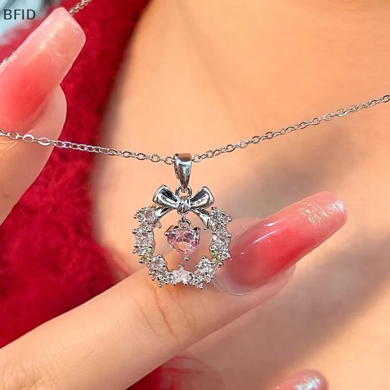 [BFID] Kalung Liontin Garland Zirkon Merah Muda Gaya Korea Simple Warna Silver Rantai Leher Perhiasan Rantai Klavikula Kristal Untuk Wanita Hadiah [ID]