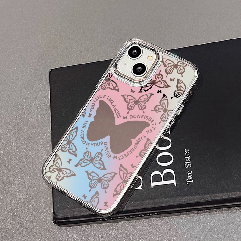 IPHONE Biru Pink Smudged Butterfly Mirror Phone Case Kompatibel Untuk Iphone11 12 13 14 12Pro 13Pro 14Pro Pro Max XR X XS Max Electroplating Tombol Perlindungan Mirror Cover