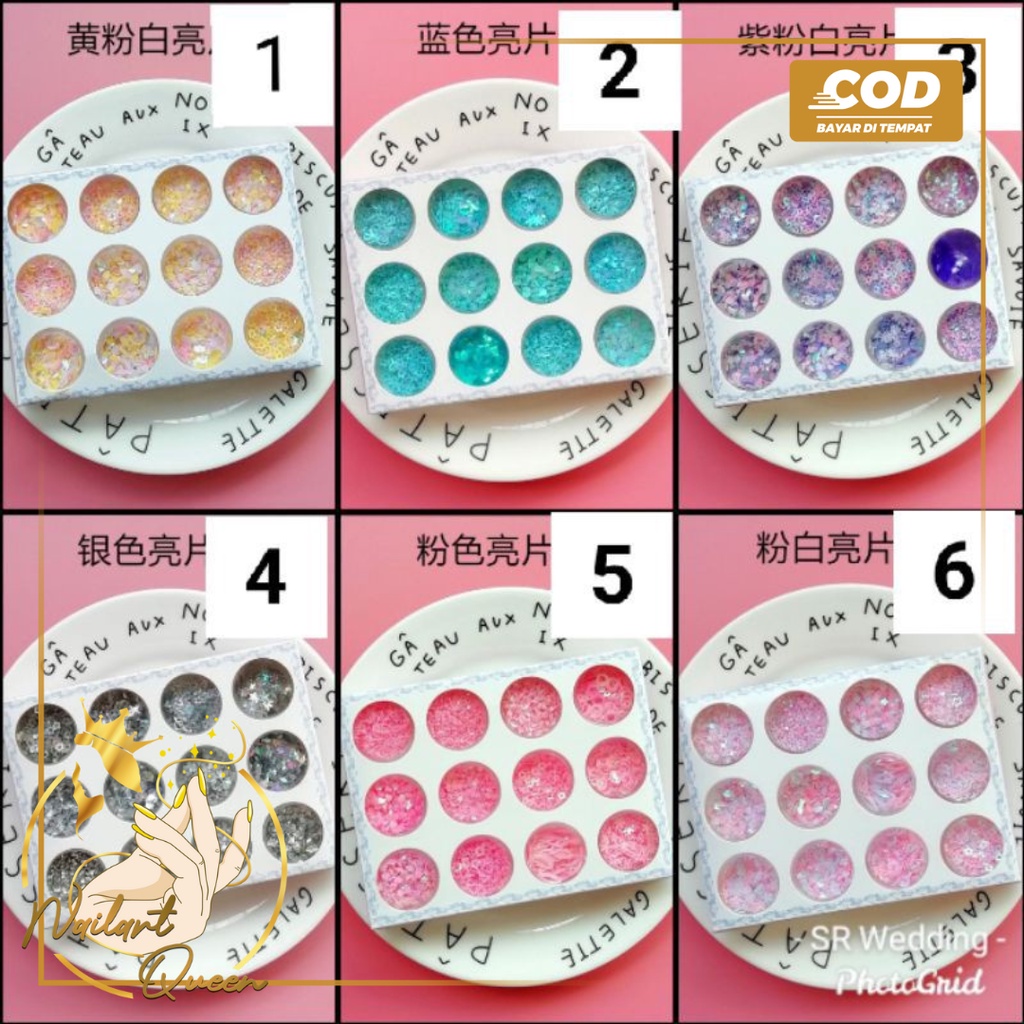 Glitter gliter sequin untuk nail art 1 box isi 12 pcs