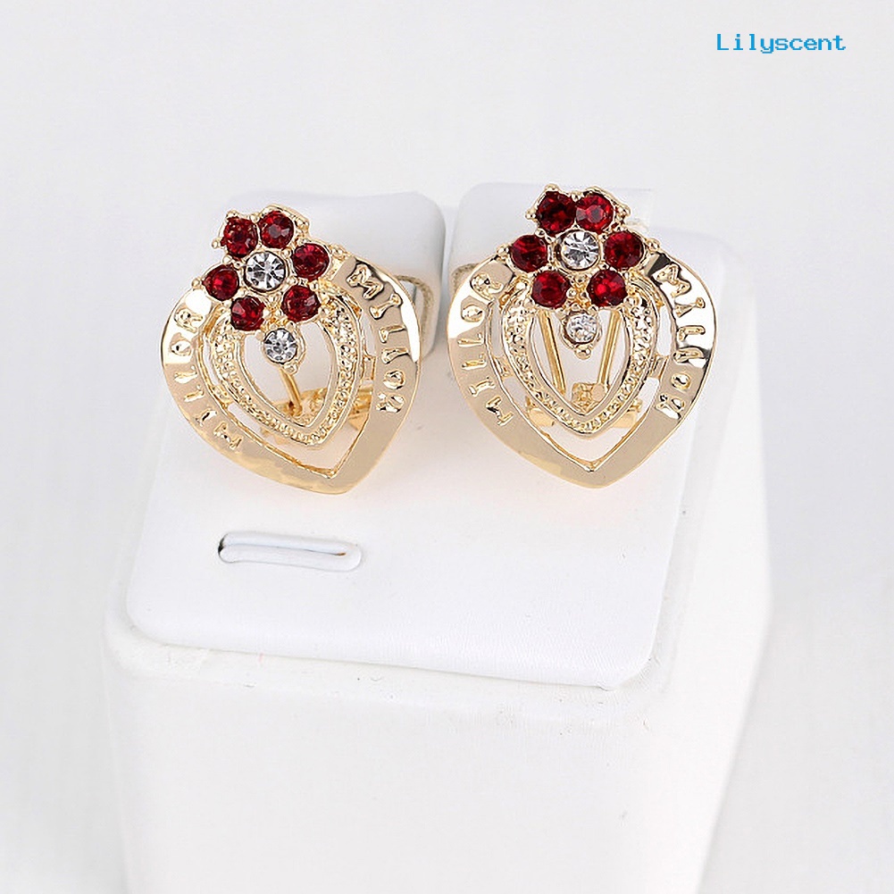 [LS]Rhinestone Heart Flower Kalung Stud Anting Cincin Gelang Wanita Set Perhiasan