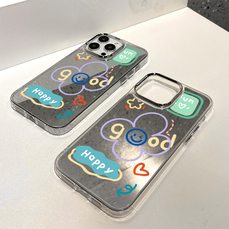 IPHONE Casing Ponsel Cermin Graffiti Kompatibel Untuk Iphone11 12 13 14 12Pro 13Pro 14Pro Pro Max XR X XS Max Electroplating Tombol Perlindungan Mirror Cover