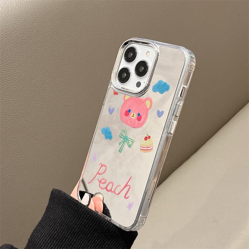 IPHONE Casing Ponsel Cermin Lukisan Beruang Pink Kompatibel Untuk Iphone11 12 13 14 12Pro 13Pro 14Pro Pro Max XR X XS Max Electroplating Tombol Perlindungan Mirror Cover