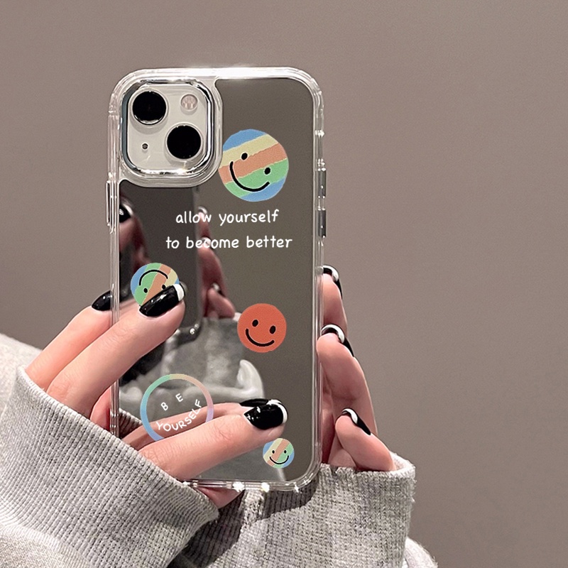 IPHONE Case Ponsel Cermin Wajah Smile Kompatibel Untuk Iphone11 12 13 14 12Pro 13Pro 14Pro Pro Max XR X XS Max Electroplating Tombol Perlindungan Mirror Cover