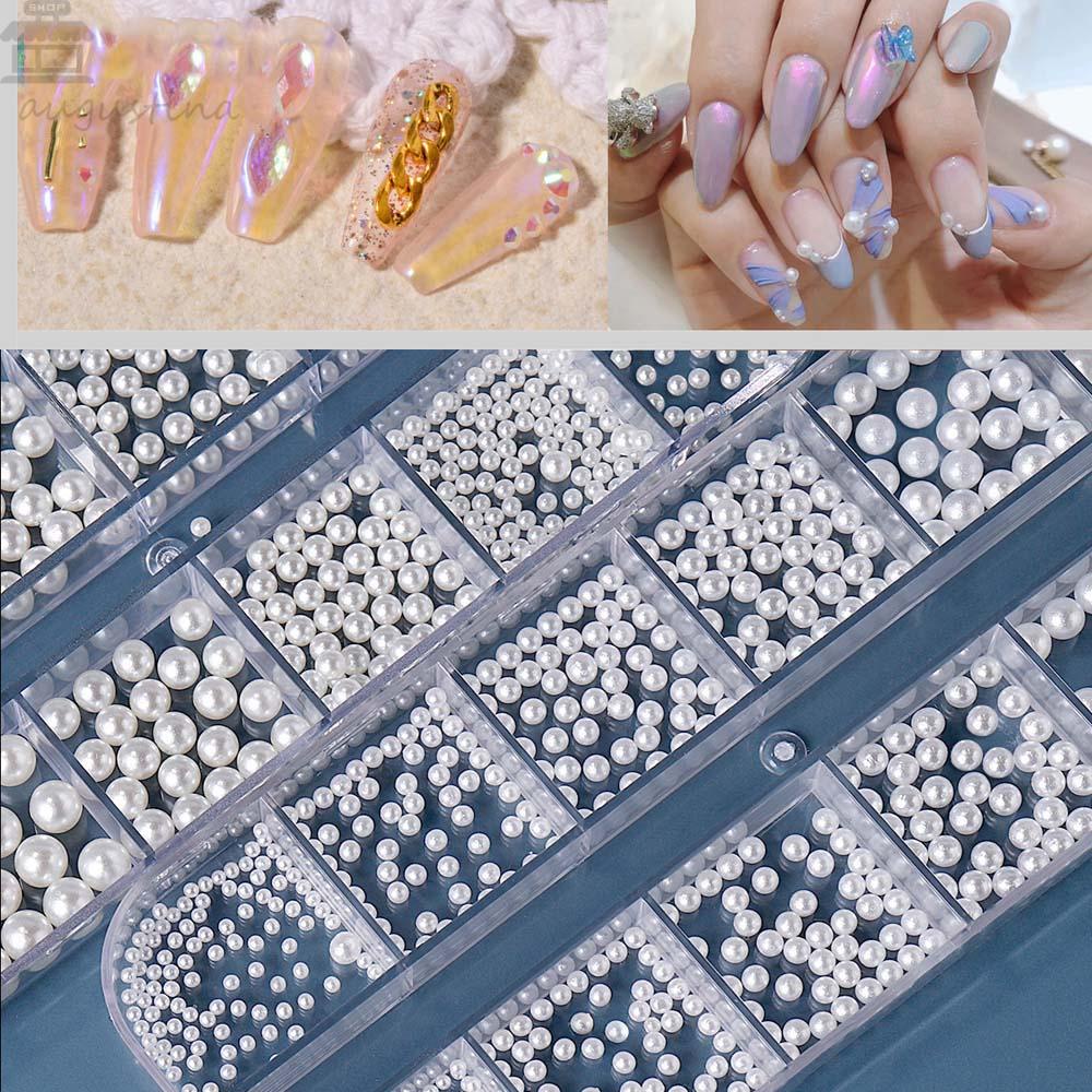 AUGUSTINA Agustina 3D Nail Art Dekorasi DIY Tips Manik-Manik Plastik Perhiasan AB Setengah Lingkaran-Mutiara