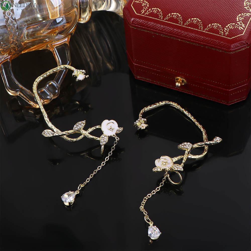 Anting Klip Bunga Mawar Mewah Mengkilap Rantai Panjang Kait Telinga Tembaga Zirkon Gaya Korea Ear Clip