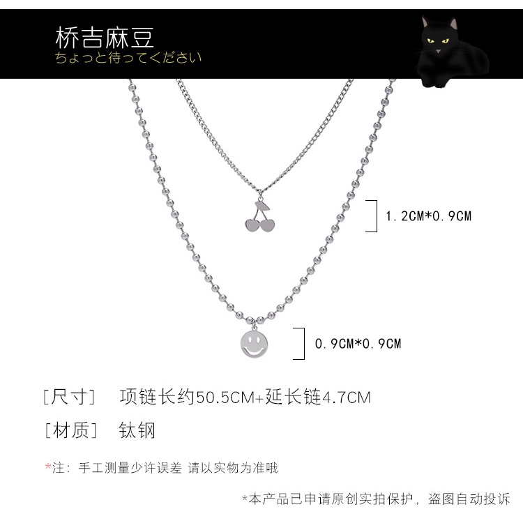 Kalung Smiley Face Cherry Lucu Perempuan Bahan Titanium Steel Tidak Luntur Temperamen Korea Gaya Keren Sederhana Leher Rantai Klavikula