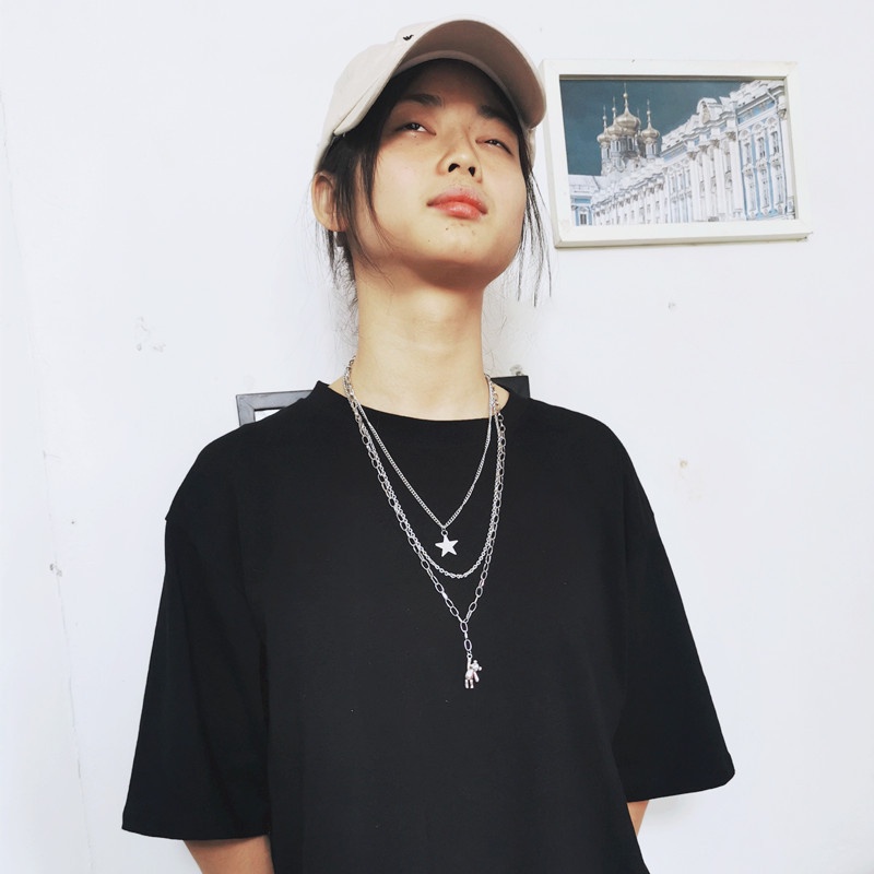 Influencer Gaya Yang Sama Harajuku Retro Hip-Hop ins Gaya Keren Multi-Layer Kalung Perempuan Kelinci Liontin Bumi Keren Disco