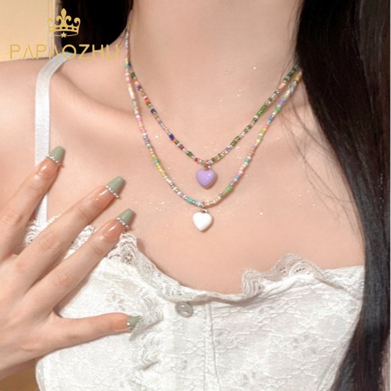 Papaozhu Lucu Warna-Warni Manik-Manik Rantai Glossy Hati Liontin Kalung Untuk Wanita Gadis Bohemia Pelangi Manik-Manik Kalung Liburan Musim Panas Pantai Perhiasan Hadiah