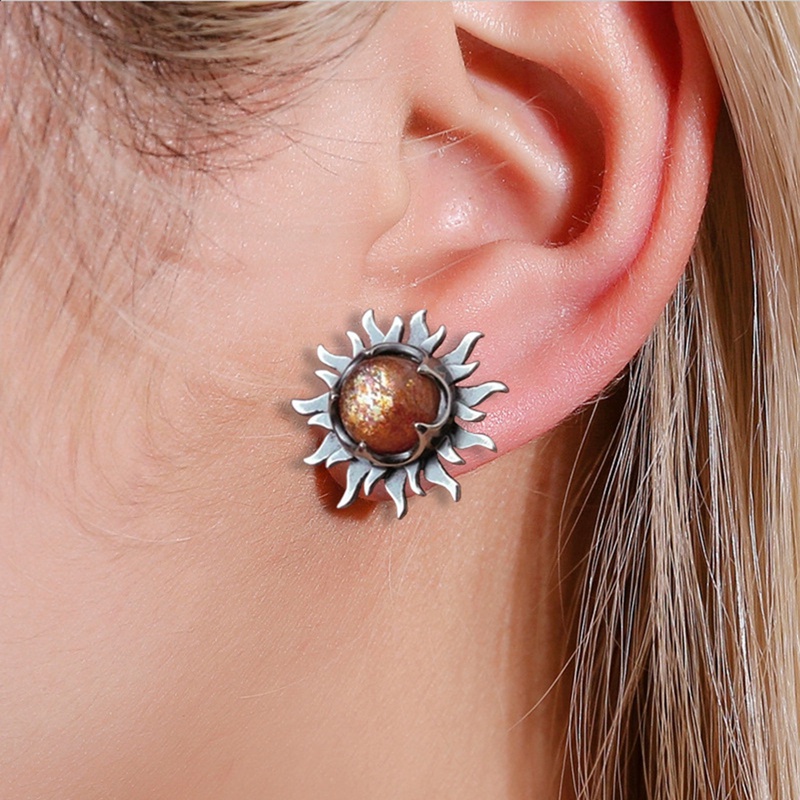 Vintage Sun And Moon Stud Earrings Bohemian Moonstone Perak Menjuntai Anting Untuk Wanita Fashion Perhiasan Aksesoris