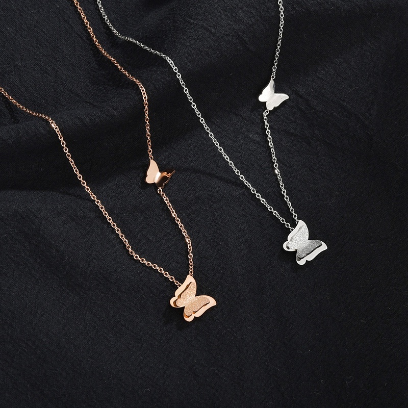 Ins Kalung Kupu-Kupu Perempuan Rantai Klavikula Temperamen All-Match Rasa Tiga Dimensi 18 K Rose Gold Titanium Steel