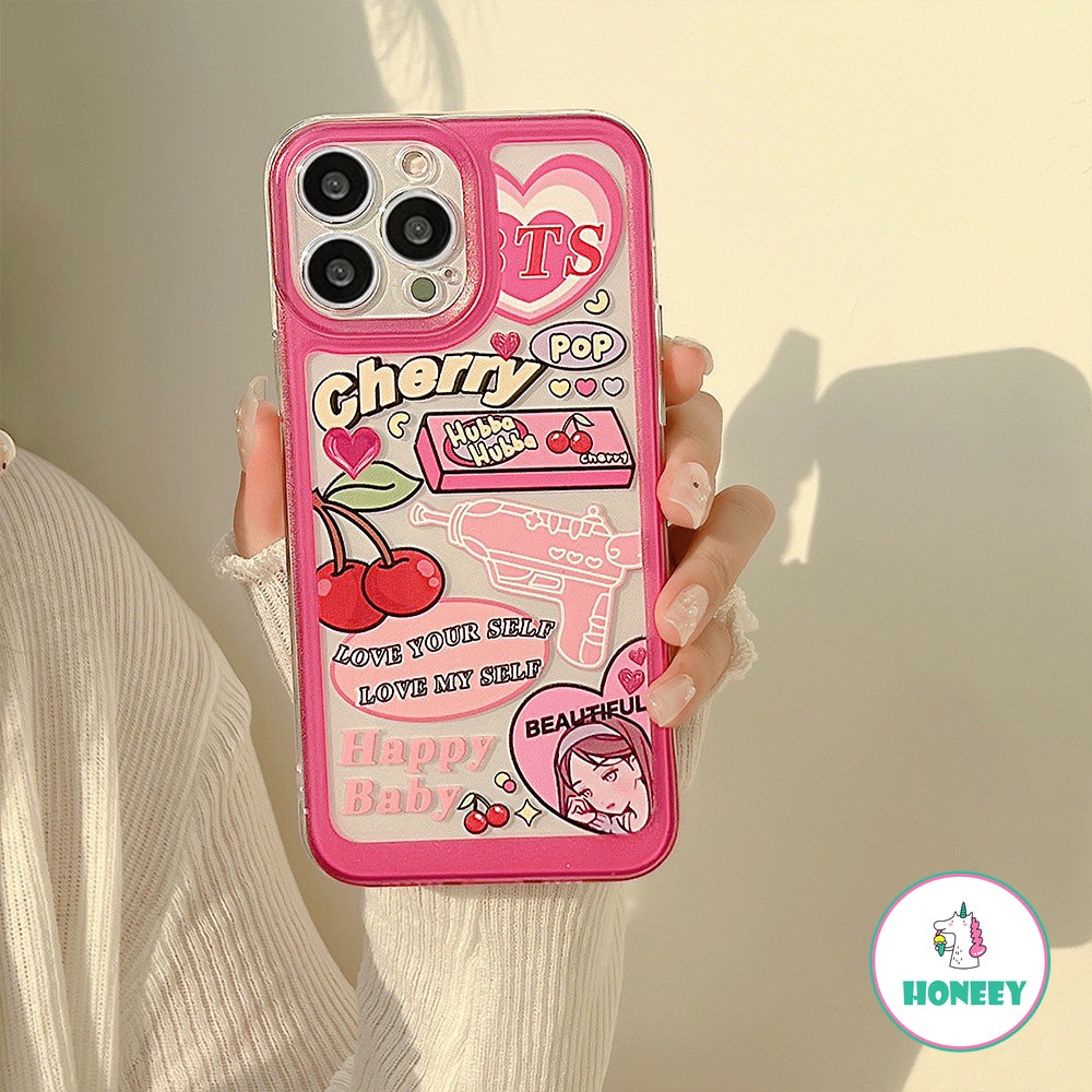 Ins Pink Graffiti Love Cherry Phone Case Kompatibel Untuk Iphone14 Pro Max12 13promax Case iPhone 11xr XS 7 8Plus Bening Lembut Shockproof Back Cover